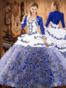 Chic Multi-color Ball Gowns Embroidery Quinceanera Dresses Lace Up Satin and Fabric With Rolling Flowers Sleeveless With Train