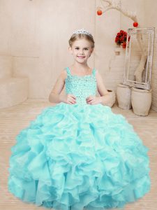 Best Aqua Blue Lace Up Kids Formal Wear Beading and Ruffles Sleeveless Floor Length