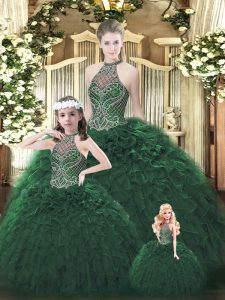Dark Green Ball Gowns Organza Halter Top Sleeveless Beading and Ruffles Floor Length Lace Up Quinceanera Gown