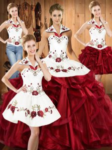 Top Selling Wine Red Sleeveless Embroidery and Ruffles Floor Length Quinceanera Gown