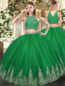 Shining Floor Length Dark Green Quinceanera Gowns Tulle Sleeveless Beading and Ruffles