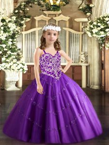 Amazing Ball Gowns Pageant Dress Toddler Purple Straps Tulle Sleeveless Floor Length Lace Up