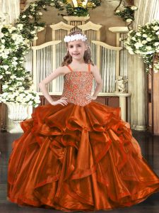 Stunning Rust Red Mermaid Beading and Embroidery and Ruffles Winning Pageant Gowns Lace Up Organza Sleeveless Floor Length