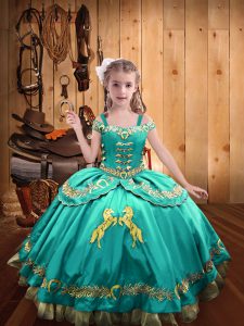 Aqua Blue Lace Up Off The Shoulder Beading and Embroidery Pageant Dress for Girls Satin Sleeveless