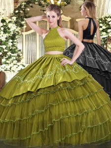 Custom Made Olive Green Sleeveless Organza Backless Quinceanera Dresses for Military Ball and Sweet 16 and Quinceanera
