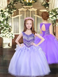 Lavender Organza Lace Up Scoop Sleeveless Floor Length High School Pageant Dress Beading