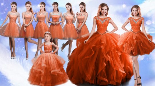 Hot Sale Organza Scoop Sleeveless Lace Up Beading and Ruffles 15th Birthday Dress in Rust Red