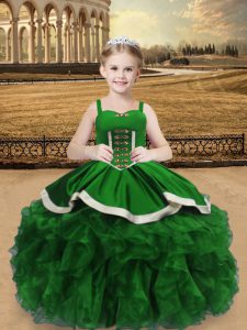 Custom Made Green Ball Gowns Satin and Organza Straps Sleeveless Beading and Ruffles Floor Length Lace Up Little Girls Pageant Dress
