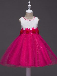 Knee Length Hot Pink Little Girl Pageant Gowns Scoop Sleeveless Zipper