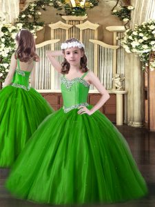 Cheap Tulle Straps Sleeveless Lace Up Beading Little Girls Pageant Dress Wholesale in Green