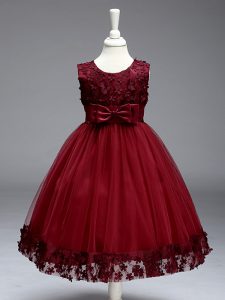 Exquisite Burgundy Sleeveless Knee Length Lace and Bowknot Zipper Kids Pageant Dress