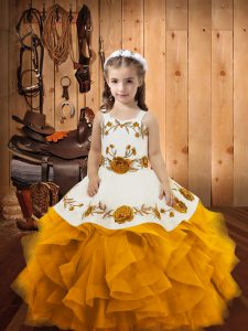 Straps Sleeveless Lace Up Girls Pageant Dresses Gold Organza