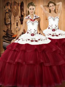 Flare Wine Red Sleeveless Embroidery and Ruffled Layers Lace Up Sweet 16 Dresses