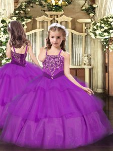 Beading and Ruffled Layers Pageant Dress Womens Purple Lace Up Sleeveless Floor Length