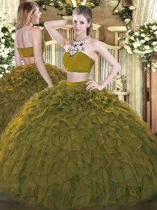 Beauteous Floor Length Olive Green 15 Quinceanera Dress High-neck Sleeveless Backless