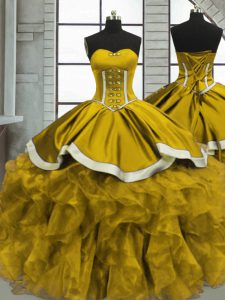 Custom Design Sweetheart Sleeveless Ball Gown Prom Dress Beading and Ruffles Brown Organza