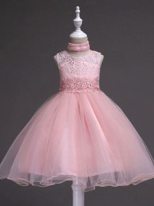 Baby Pink Zipper Little Girls Pageant Dress Beading and Appliques Sleeveless Knee Length