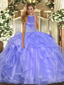 Sumptuous Lavender Ball Gown Prom Dress Military Ball and Sweet 16 and Quinceanera with Beading and Ruffles Halter Top Sleeveless Backless