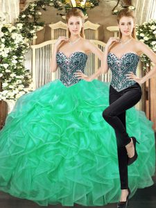 Tulle Sweetheart Sleeveless Lace Up Beading and Ruffles Sweet 16 Dress in Turquoise