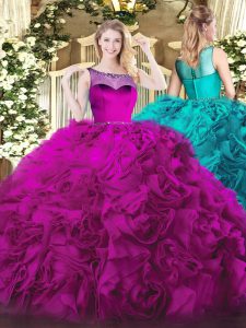 Inexpensive Fuchsia Ball Gowns Scoop Sleeveless Fabric With Rolling Flowers Zipper Beading Ball Gown Prom Dress
