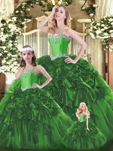 New Arrival Beading and Ruffles Quince Ball Gowns Green Lace Up Sleeveless Floor Length