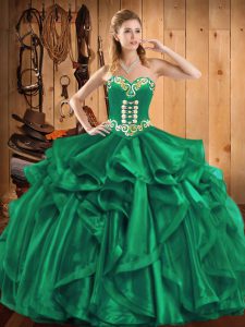 Stylish Turquoise Lace Up Sweetheart Embroidery and Ruffles Sweet 16 Quinceanera Dress Organza Sleeveless