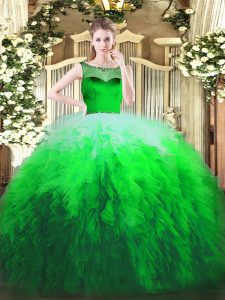 Custom Fit Tulle Scoop Sleeveless Zipper Beading and Ruffles Quinceanera Gowns in Multi-color