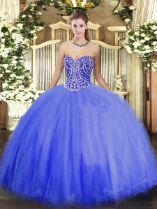 Inexpensive Sweetheart Sleeveless Quinceanera Dress Floor Length Beading Blue Tulle