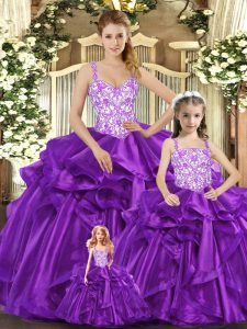Beautiful Straps Sleeveless 15th Birthday Dress Floor Length Beading and Ruffles Purple Organza