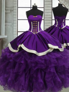 Shining Floor Length Lace Up Ball Gown Prom Dress Purple for Sweet 16 and Quinceanera with Beading and Ruffles