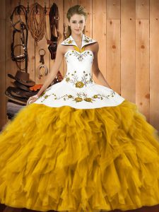 Dynamic Gold Sleeveless Satin and Organza Lace Up Sweet 16 Dresses for Military Ball and Sweet 16 and Quinceanera