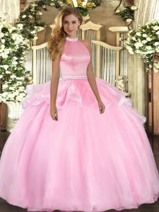 Pink Sleeveless Floor Length Beading and Ruffles Backless Quinceanera Gown