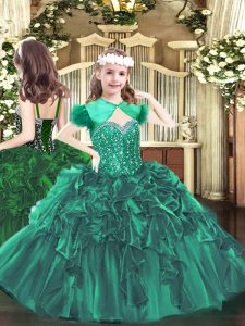 High Class Dark Green Sleeveless Organza Lace Up Child Pageant Dress for Party and Quinceanera