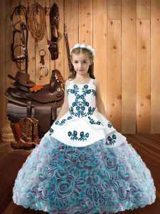 Multi-color Lace Up Straps Embroidery Pageant Gowns For Girls Fabric With Rolling Flowers Sleeveless