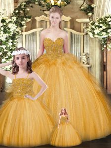 Delicate Gold Lace Up Vestidos de Quinceanera Beading and Ruffles Sleeveless Floor Length