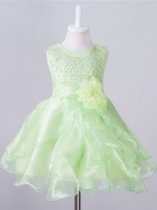 Lovely Sleeveless Organza Knee Length Zipper Evening Gowns in Yellow Green with Beading and Hand Made Flower