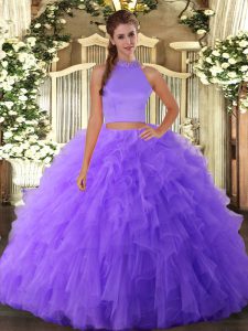 Hot Sale Floor Length Lavender Quince Ball Gowns Tulle Sleeveless Beading and Ruffles