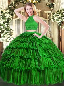Romantic Green Sleeveless Beading and Ruffled Layers Floor Length Party Dress