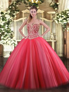 Coral Red Lace Up Sweetheart Beading Quinceanera Dresses Tulle Sleeveless