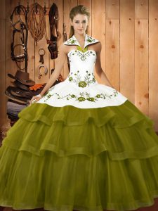 Vintage Olive Green Lace Up Sweet 16 Dress Embroidery and Ruffled Layers Sleeveless Sweep Train