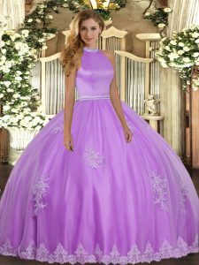 Cheap Floor Length Backless Quinceanera Gown Lilac for Military Ball and Sweet 16 and Quinceanera with Beading and Appliques