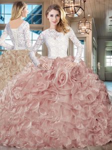 Wonderful Champagne Long Sleeves Brush Train Lace and Ruffles 15 Quinceanera Dress