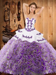 Eye-catching Multi-color Ball Gowns Satin and Fabric With Rolling Flowers Strapless Sleeveless Embroidery With Train Lace Up Quince Ball Gowns Sweep Train