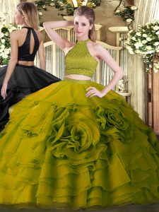 Olive Green Sleeveless Tulle Backless Sweet 16 Quinceanera Dress for Military Ball and Sweet 16 and Quinceanera