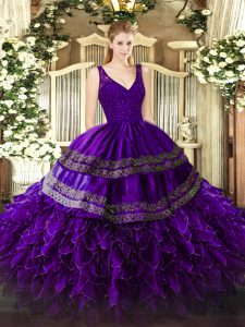 Super Purple Ball Gowns Beading and Lace and Ruffles Quinceanera Gowns Backless Organza Sleeveless Floor Length
