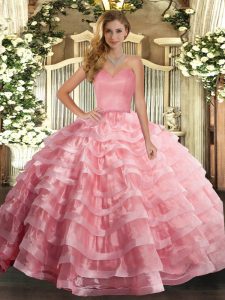 Best Watermelon Red Ball Gowns Ruffled Layers Ball Gown Prom Dress Lace Up Organza Sleeveless Floor Length