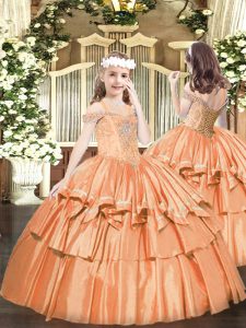 Charming Orange Ball Gowns Off The Shoulder Sleeveless Organza Floor Length Lace Up Beading and Ruffled Layers Pageant Dress Womens