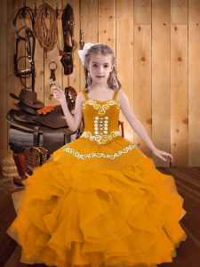 Gold Straps Lace Up Embroidery and Ruffles Pageant Dress for Womens Sleeveless
