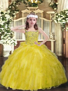 Perfect Yellow Green Lace Up Straps Beading and Ruffles Pageant Dresses Organza Sleeveless