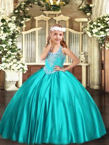 Sleeveless Floor Length Beading Lace Up Little Girls Pageant Dress with Turquoise